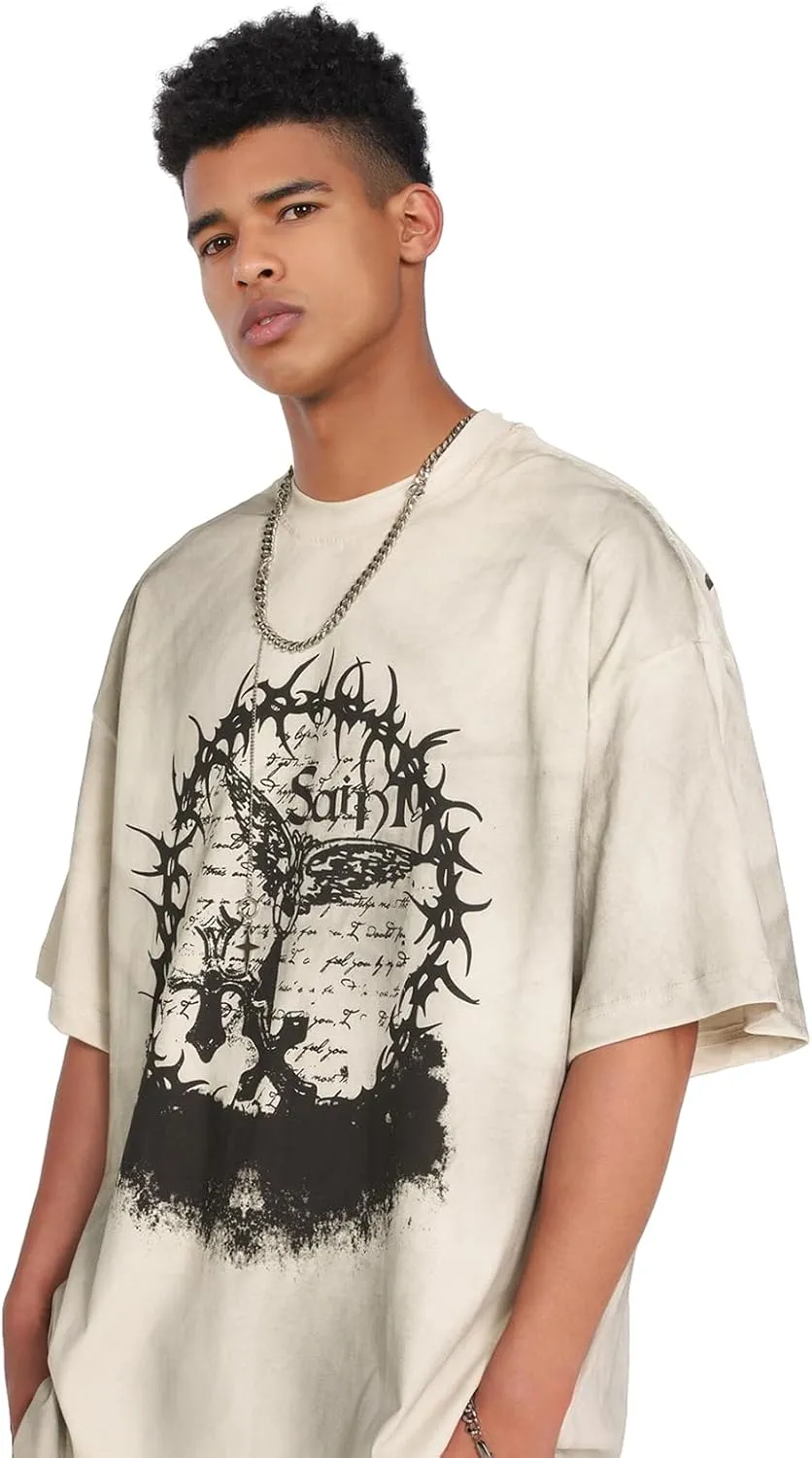 Men's Hip Hop Graphic Print Cotton T-Shirt Fashion Special Design Crewneck Rapper Short Sleeve Tops…