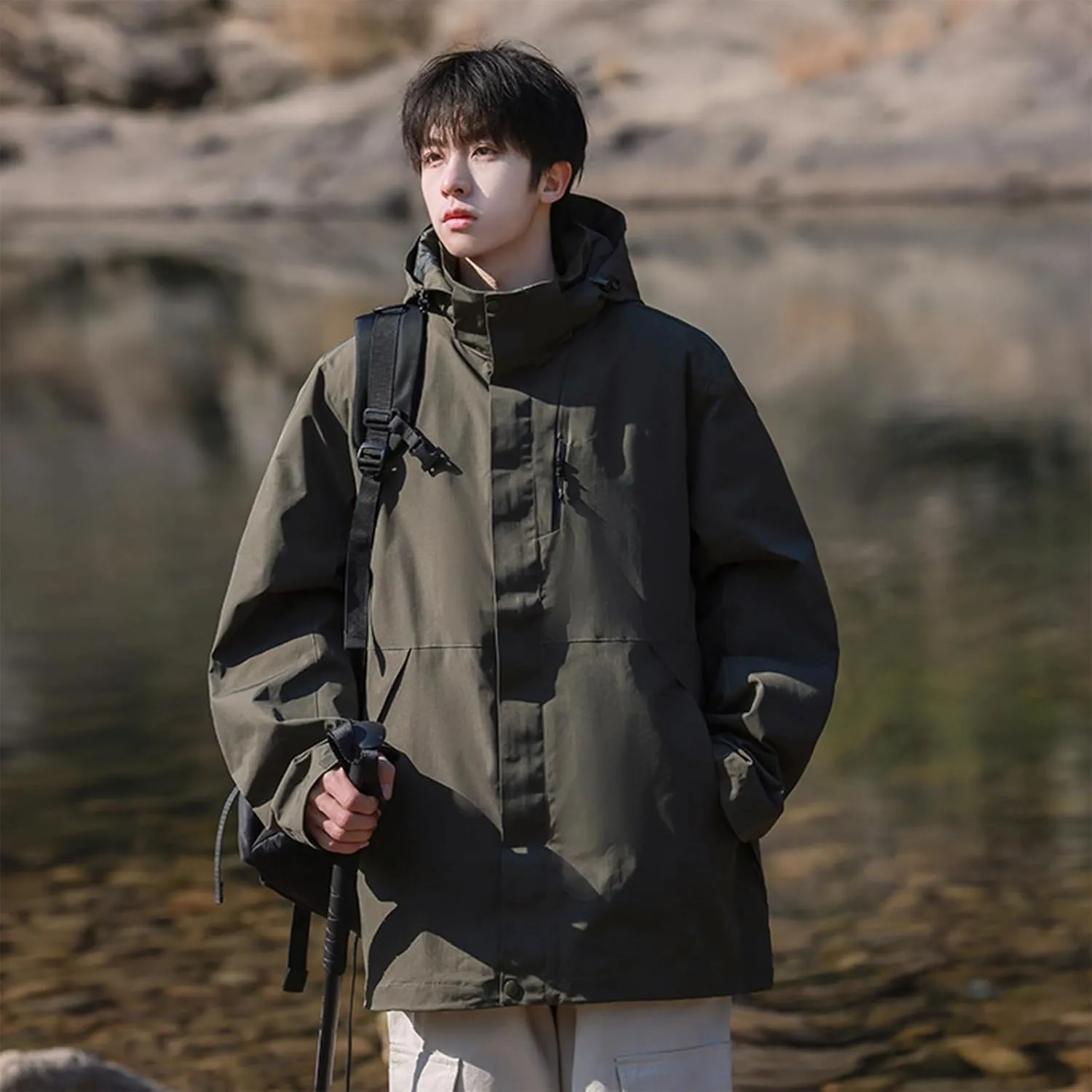 Men's Hooded Softshell Rain Jackets Lightweight Waterproof Windbreaker Zip Up Pockets Raincoats For Outdoor Hiking