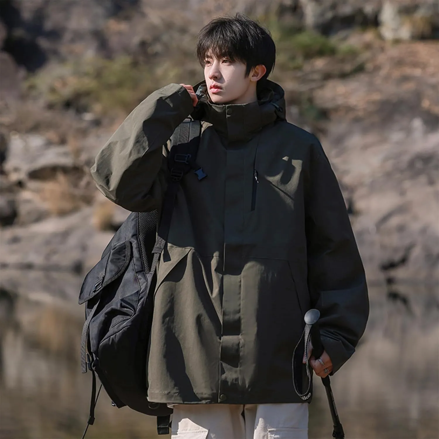 Men's Hooded Softshell Rain Jackets Lightweight Waterproof Windbreaker Zip Up Pockets Raincoats For Outdoor Hiking