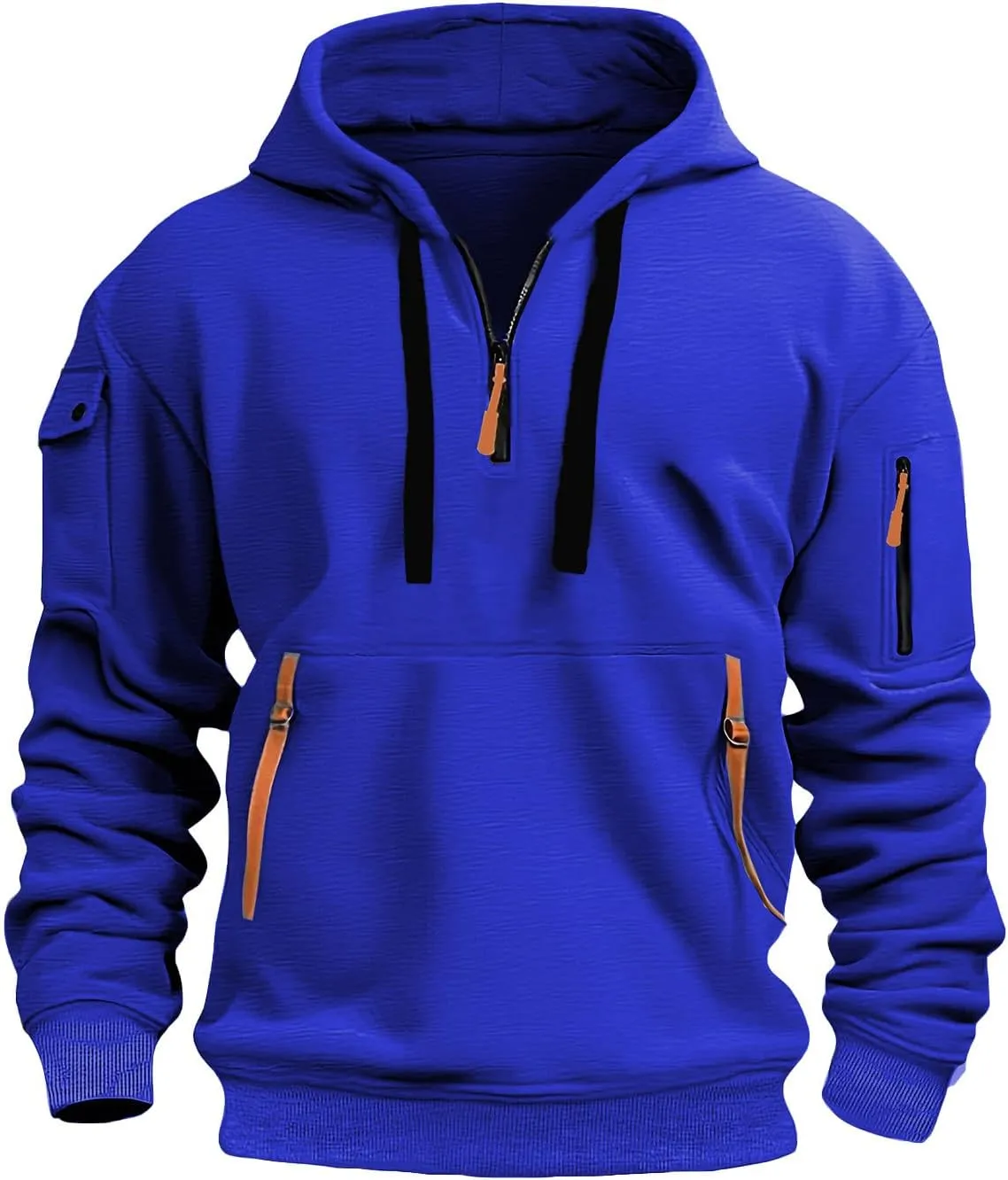Mens Hoodie Quarter Zip Embroidered Sweatshirt Casual Long Sleeve Tunic Pullover Tops Drawstring Pocket Outwear Outfit