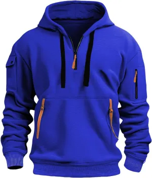 Mens Hoodie Quarter Zip Embroidered Sweatshirt Casual Long Sleeve Tunic Pullover Tops Drawstring Pocket Outwear Outfit