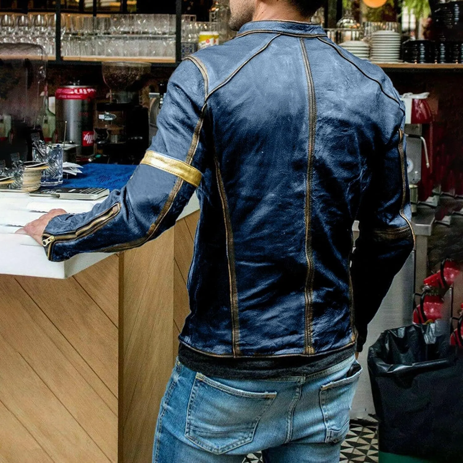 Mens Jacket and Autumn Loose Solid Color Zip PU Leather Jacket Short Lapel Motorcycle Leather Motorcycle Jacket Men