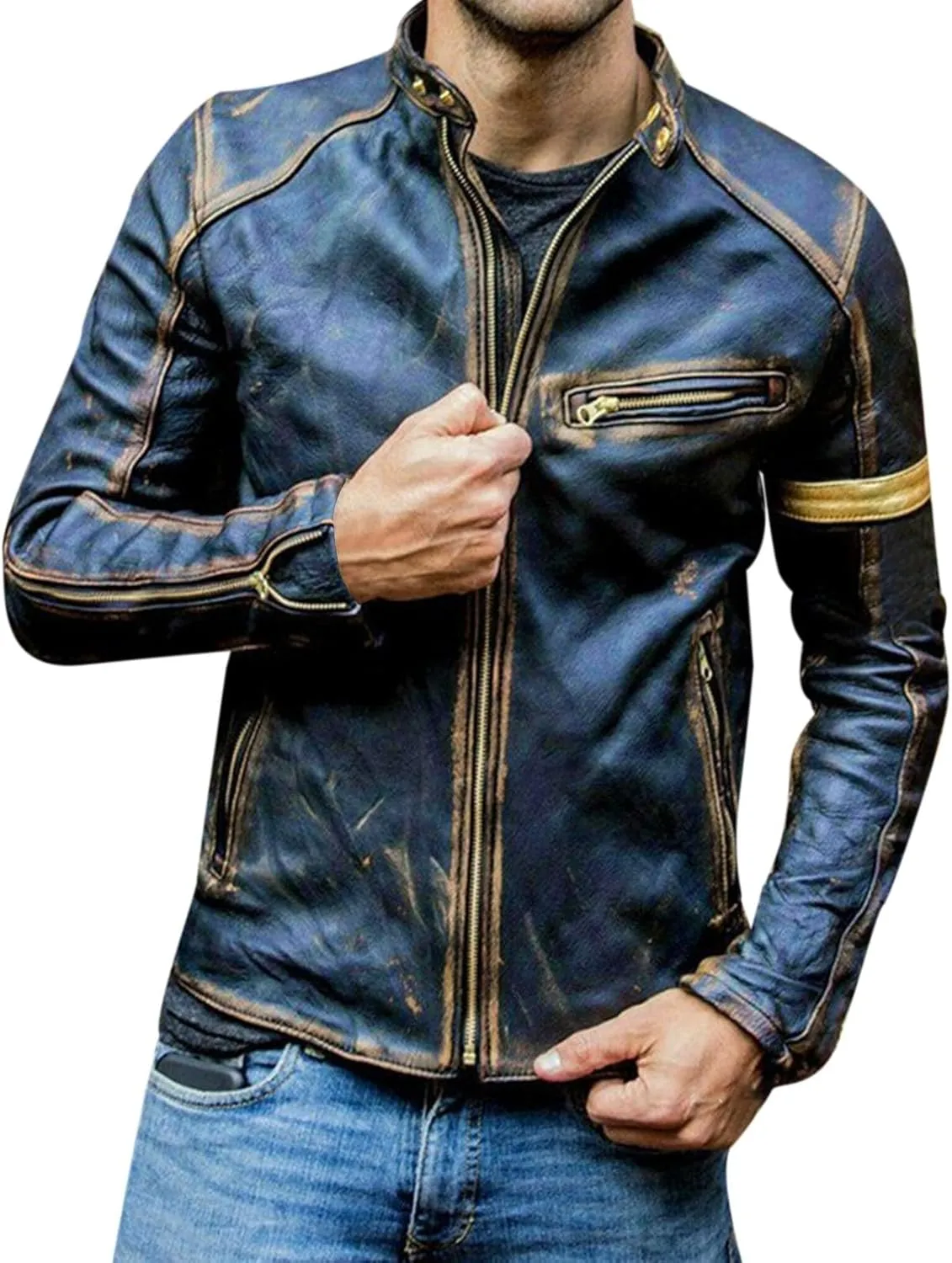 Mens Jacket and Autumn Loose Solid Color Zip PU Leather Jacket Short Lapel Motorcycle Leather Motorcycle Jacket Men