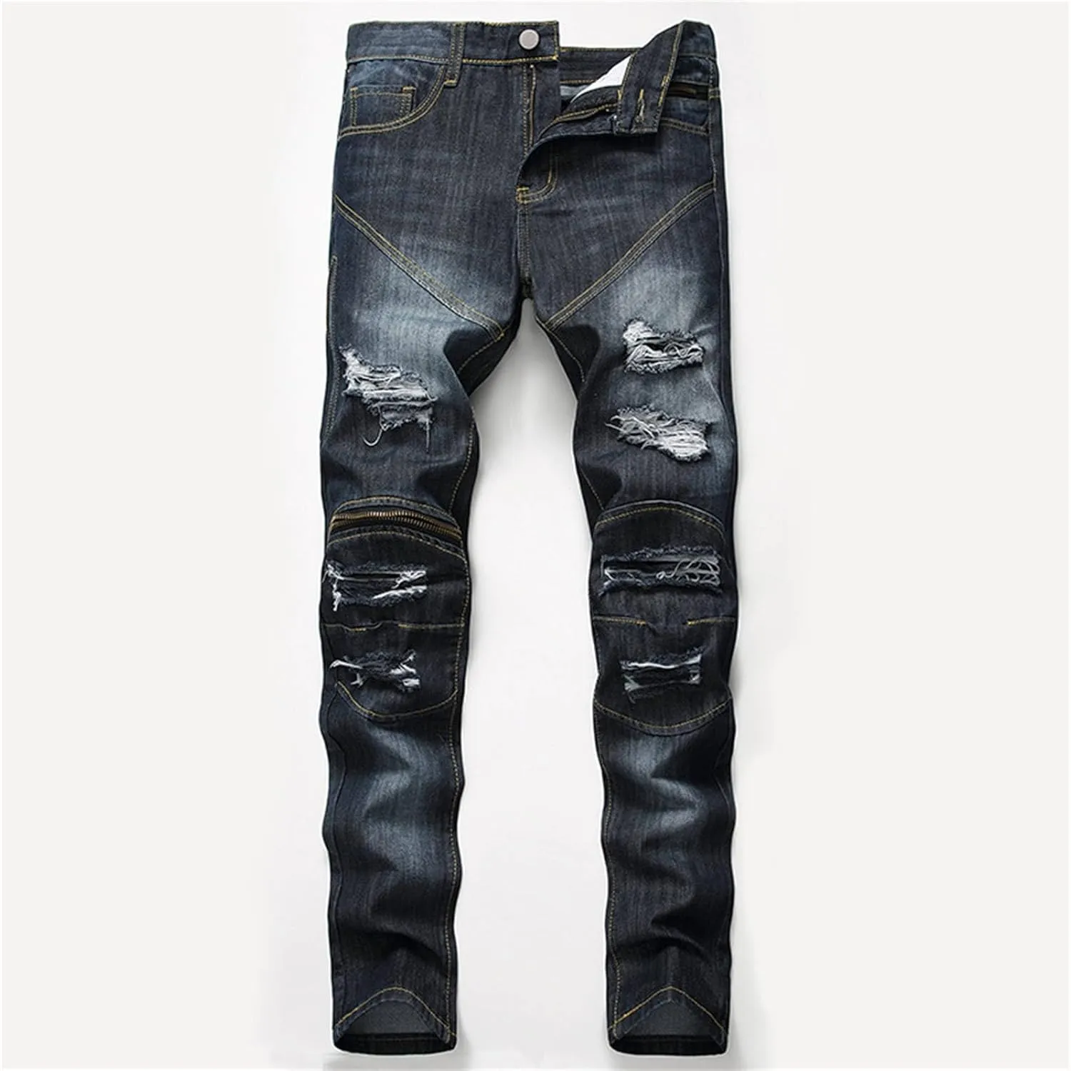 Mens Jeans Bootcut Straight Driven Jeans Ripped Distressed Holes Y2k Baggy Jeans for Men Stacked Ripped Destroyed Jeans
