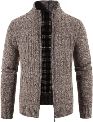 Mens Knitted Cardigan Sweater Coat Slim Fit Lapel Collar Full Zip Soft Brushed Flannel Lining Solid Sweater Jacket