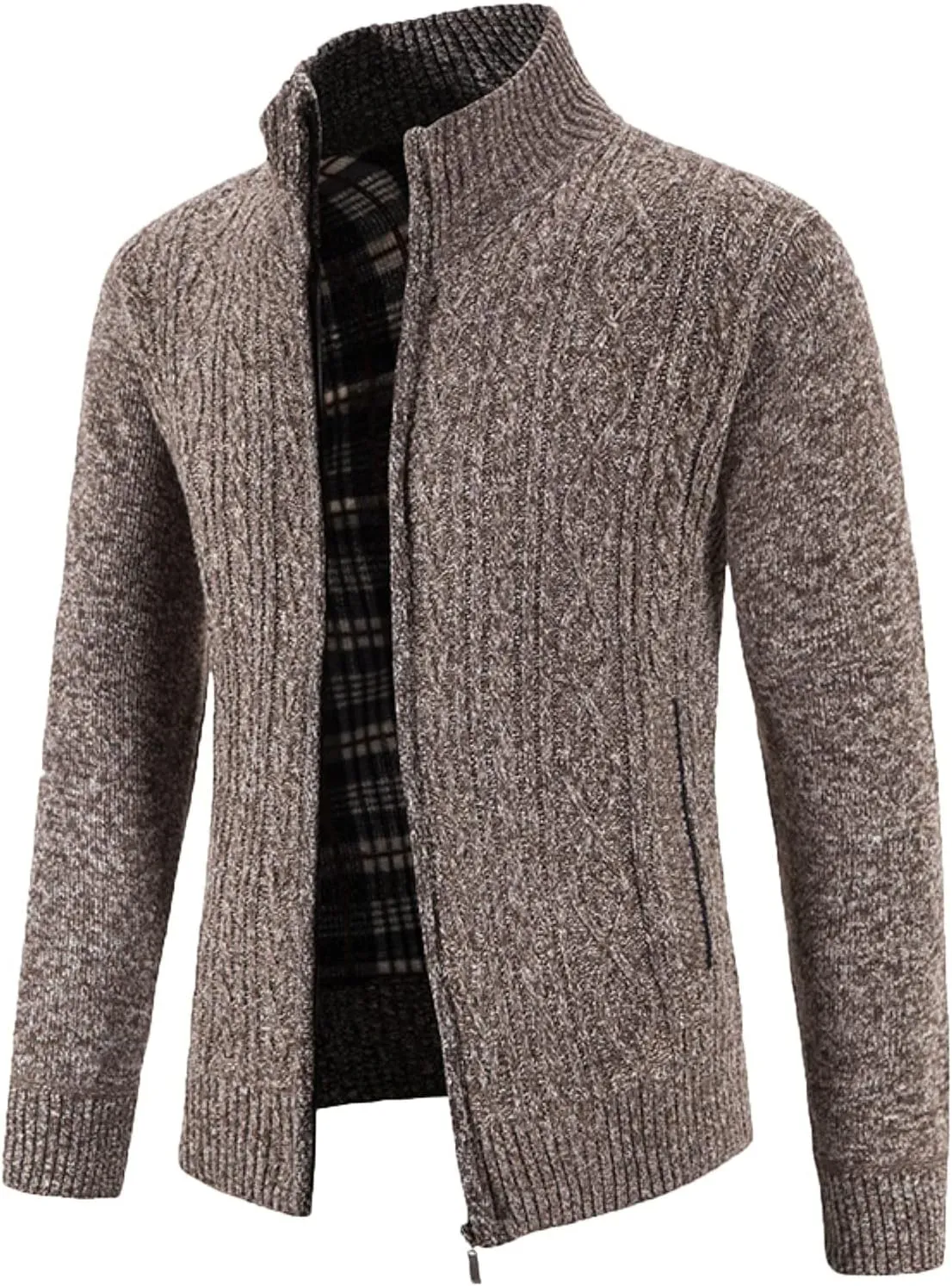 Mens Knitted Cardigan Sweater Coat Slim Fit Lapel Collar Full Zip Soft Brushed Flannel Lining Solid Sweater Jacket