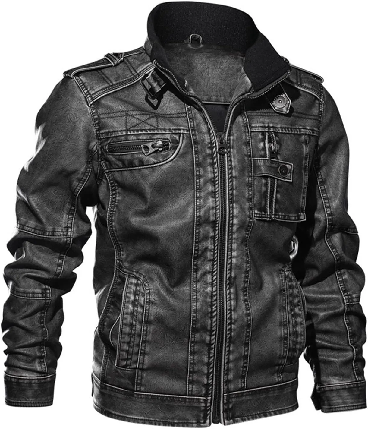 Mens Leather Jacket Vintage Motorcycle Jacket Zip up Biker Jacket Stand Collar Moto Jacket Waterproof Winter Coats