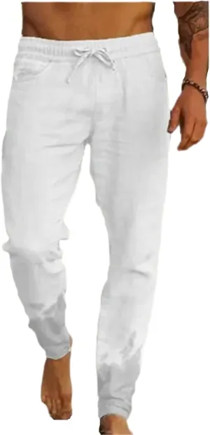 Men's Lightweight Linen Yoga Pants Casual Drawstring Elastic Waist Tapered Leg Joggers for Beach with Pockets