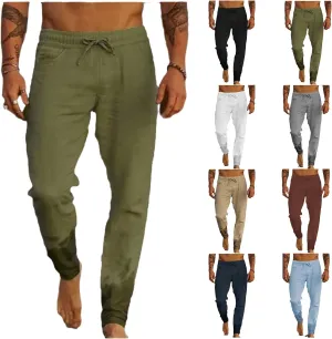 Men's Lightweight Linen Yoga Pants Casual Drawstring Elastic Waist Tapered Leg Joggers for Beach with Pockets