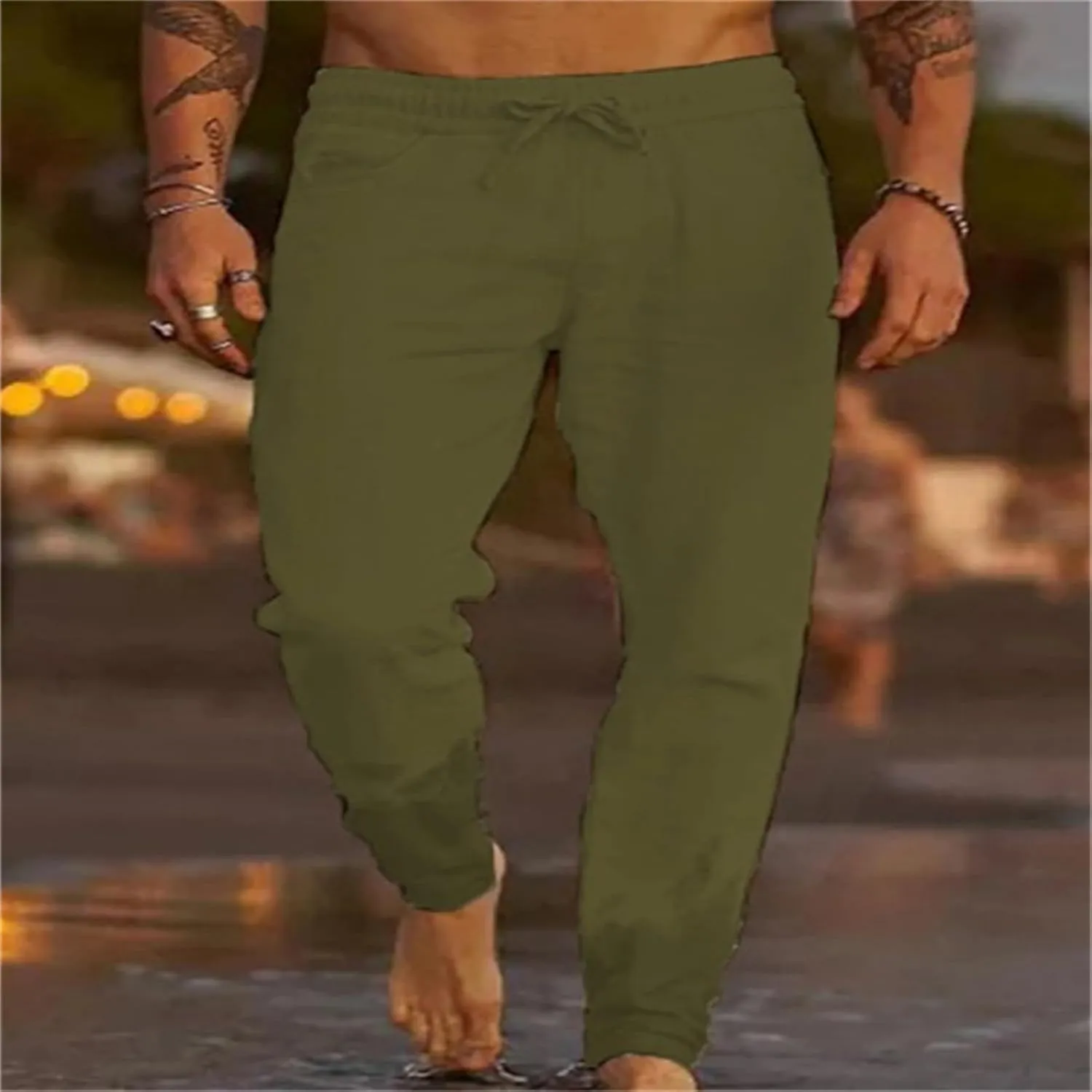 Men's Lightweight Linen Yoga Pants Casual Drawstring Elastic Waist Tapered Leg Joggers for Beach with Pockets
