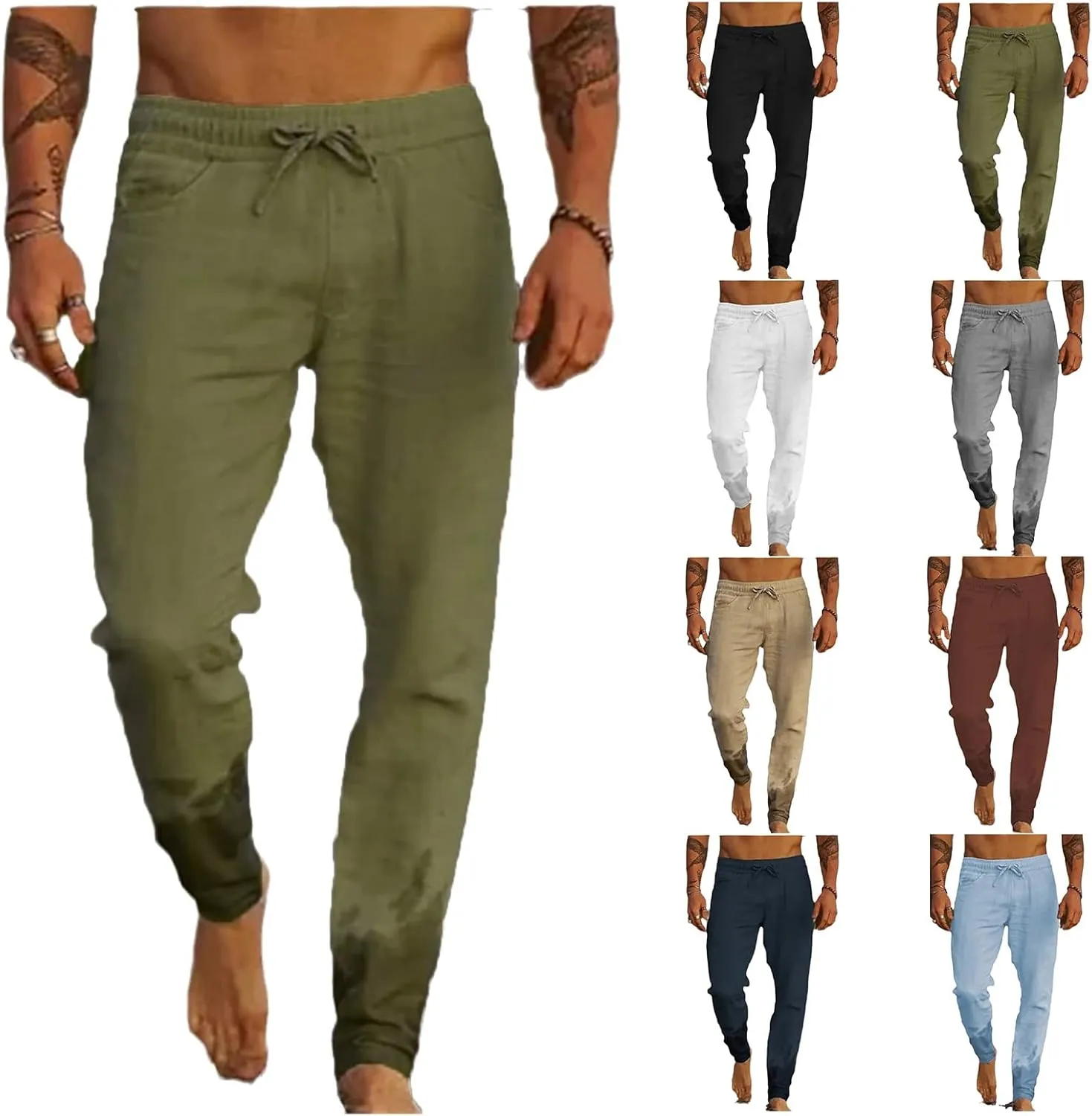 Men's Lightweight Linen Yoga Pants Casual Drawstring Elastic Waist Tapered Leg Joggers for Beach with Pockets
