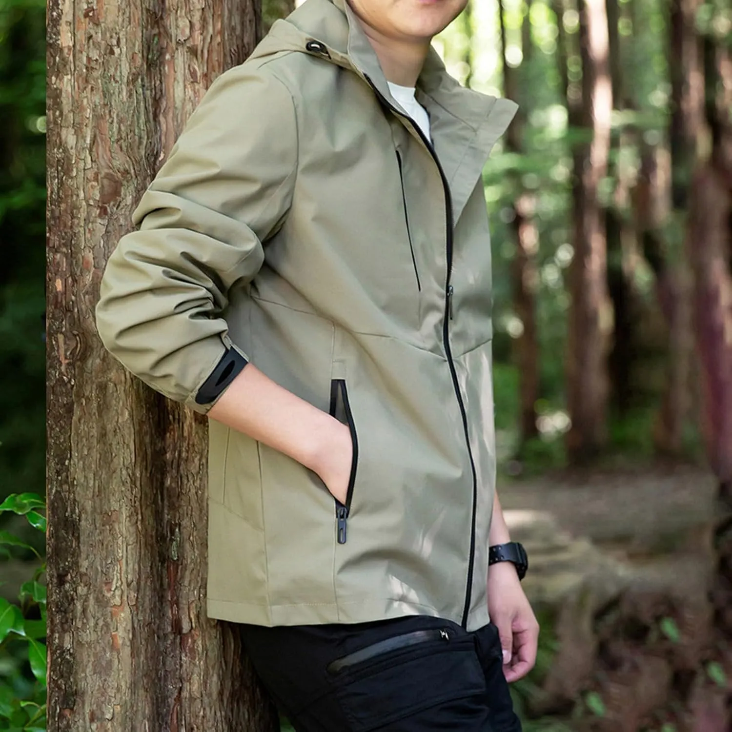 Mens Lightweight Outdoor Track Jackets Full-Zip Waterproof Rain Jacket Raincoat With Hood For Hiking Running Travel