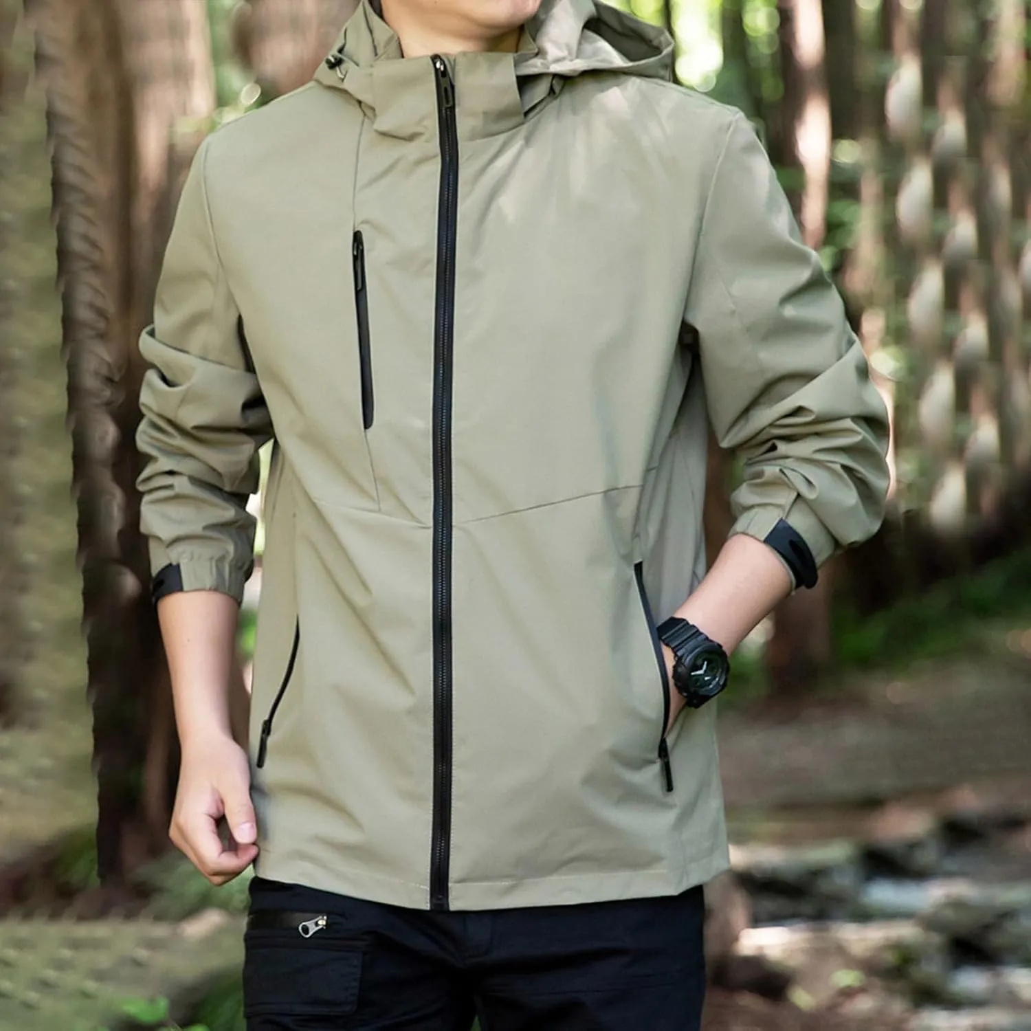 Mens Lightweight Outdoor Track Jackets Full-Zip Waterproof Rain Jacket Raincoat With Hood For Hiking Running Travel