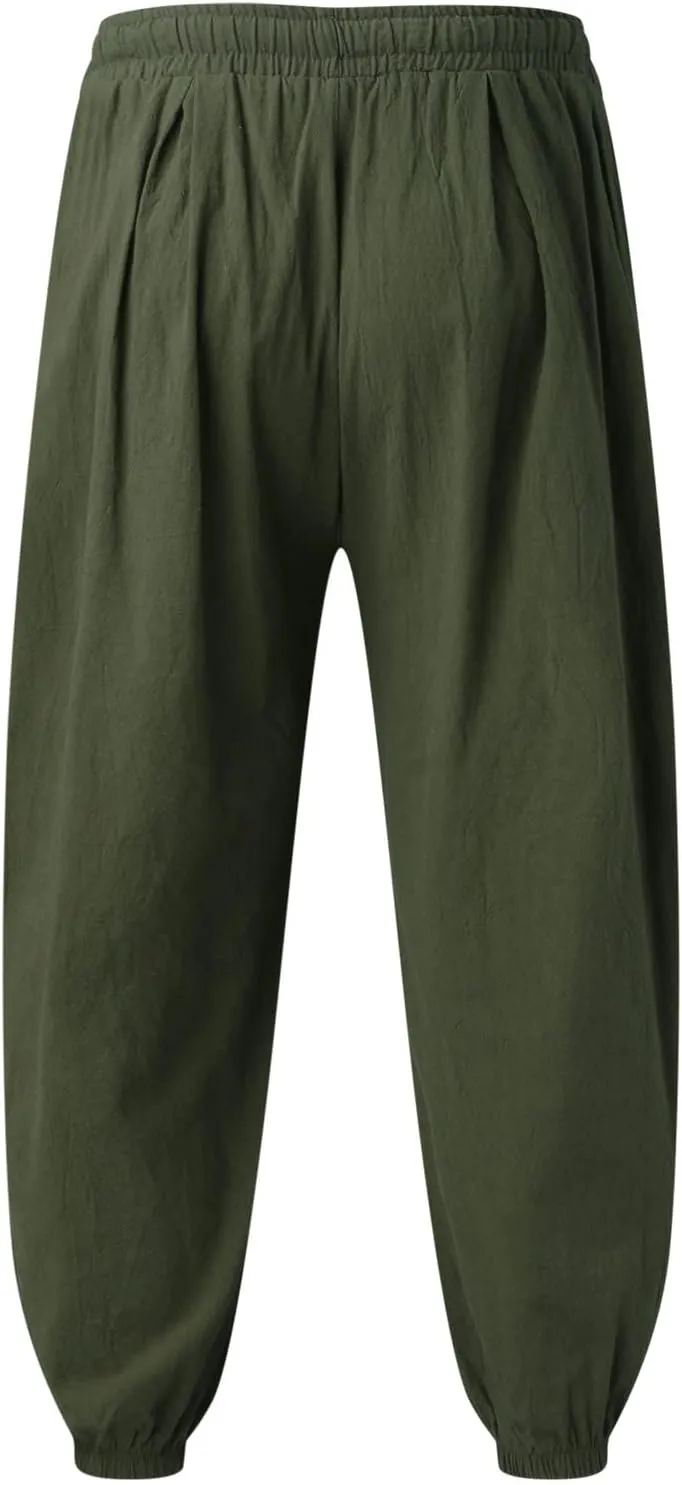 Mens Linen Beach Pants Big Tall Elastic Classic Waist Lounge Beach Pants Summer Casual Straight Leg Dress Trouser