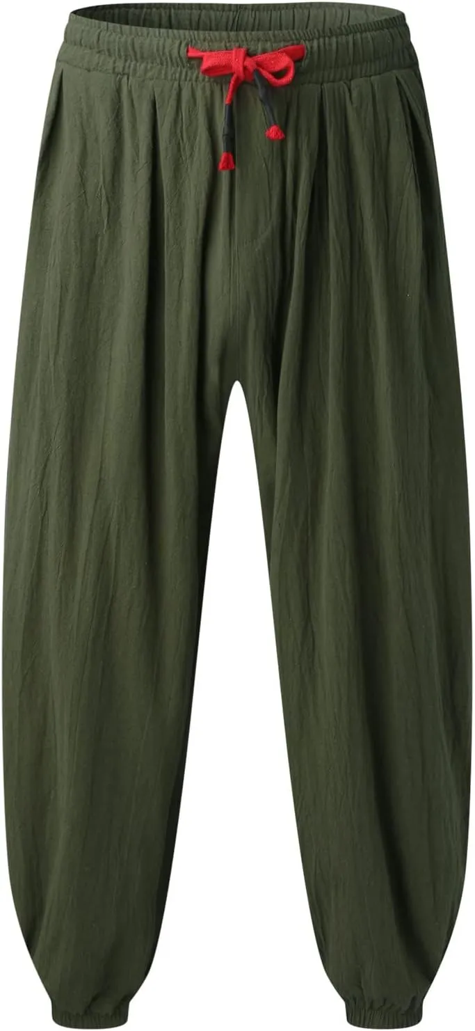 Mens Linen Beach Pants Big Tall Elastic Classic Waist Lounge Beach Pants Summer Casual Straight Leg Dress Trouser