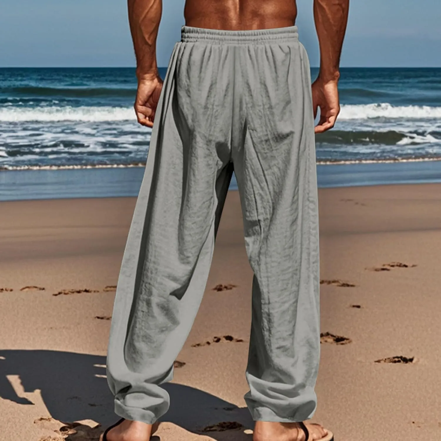 Men's Linen Cotton Casual Pants Loose Straight Leg Elastic Waist Solid Color Trousers