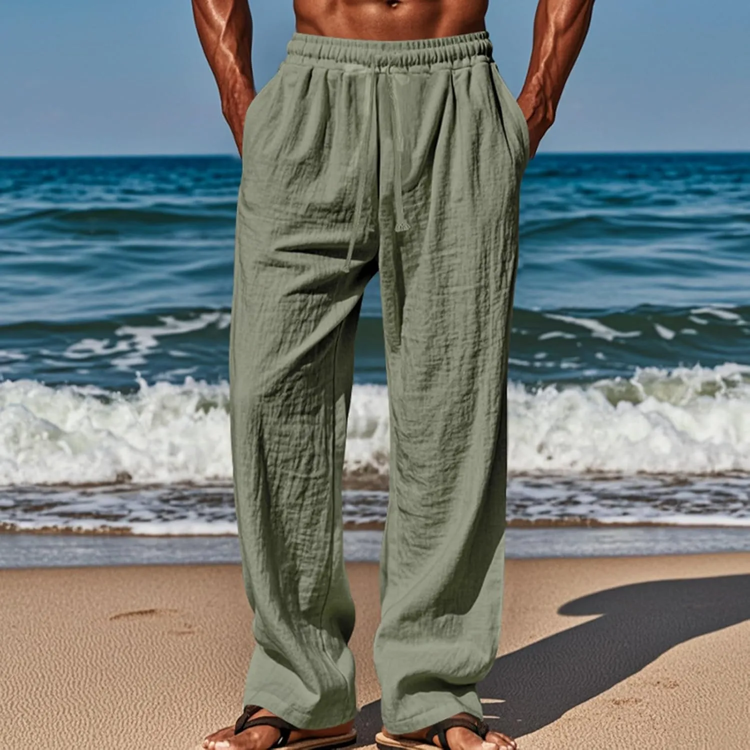 Men's Linen Cotton Casual Pants Loose Straight Leg Elastic Waist Solid Color Trousers