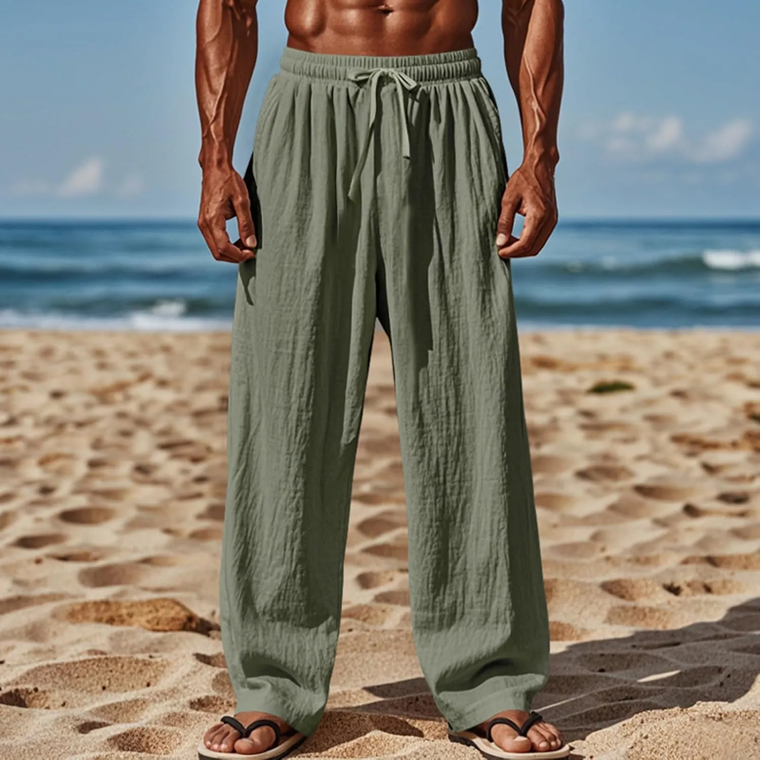 Men's Linen Cotton Casual Pants Loose Straight Leg Elastic Waist Solid Color Trousers