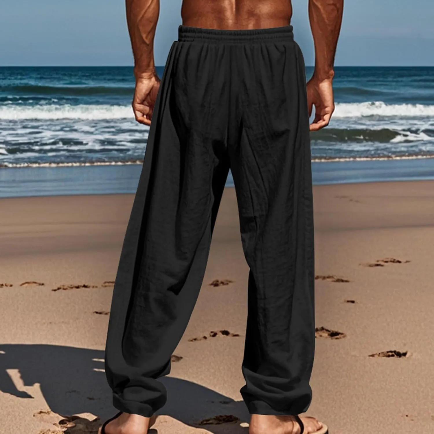 Men's Linen Cotton Casual Pants Loose Straight Leg Elastic Waist Solid Color Trousers