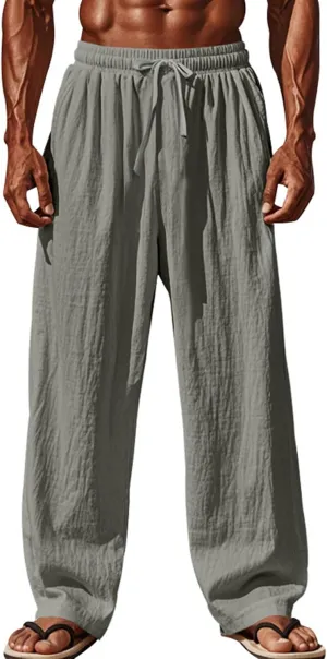 Men's Linen Cotton Casual Pants Loose Straight Leg Elastic Waist Solid Color Trousers