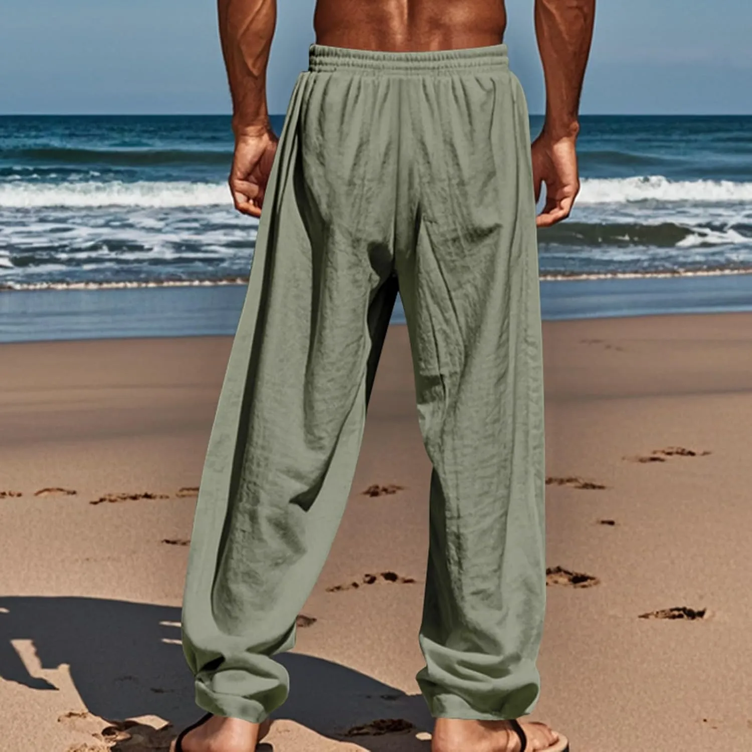 Men's Linen Cotton Casual Pants Loose Straight Leg Elastic Waist Solid Color Trousers