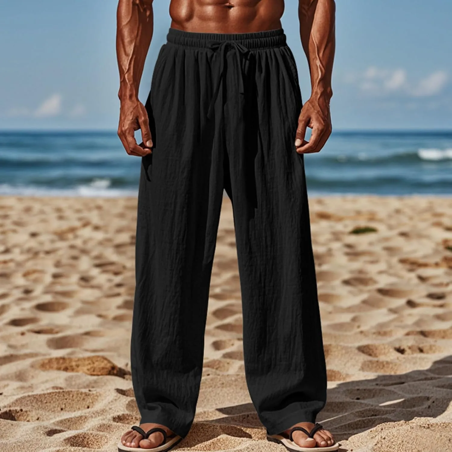 Men's Linen Cotton Casual Pants Loose Straight Leg Elastic Waist Solid Color Trousers
