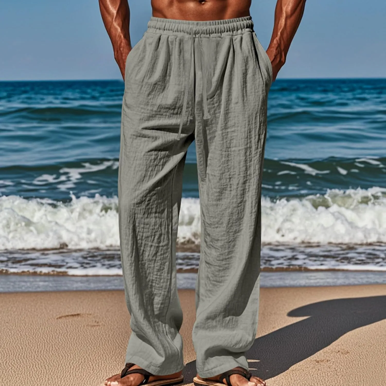 Men's Linen Cotton Casual Pants Loose Straight Leg Elastic Waist Solid Color Trousers