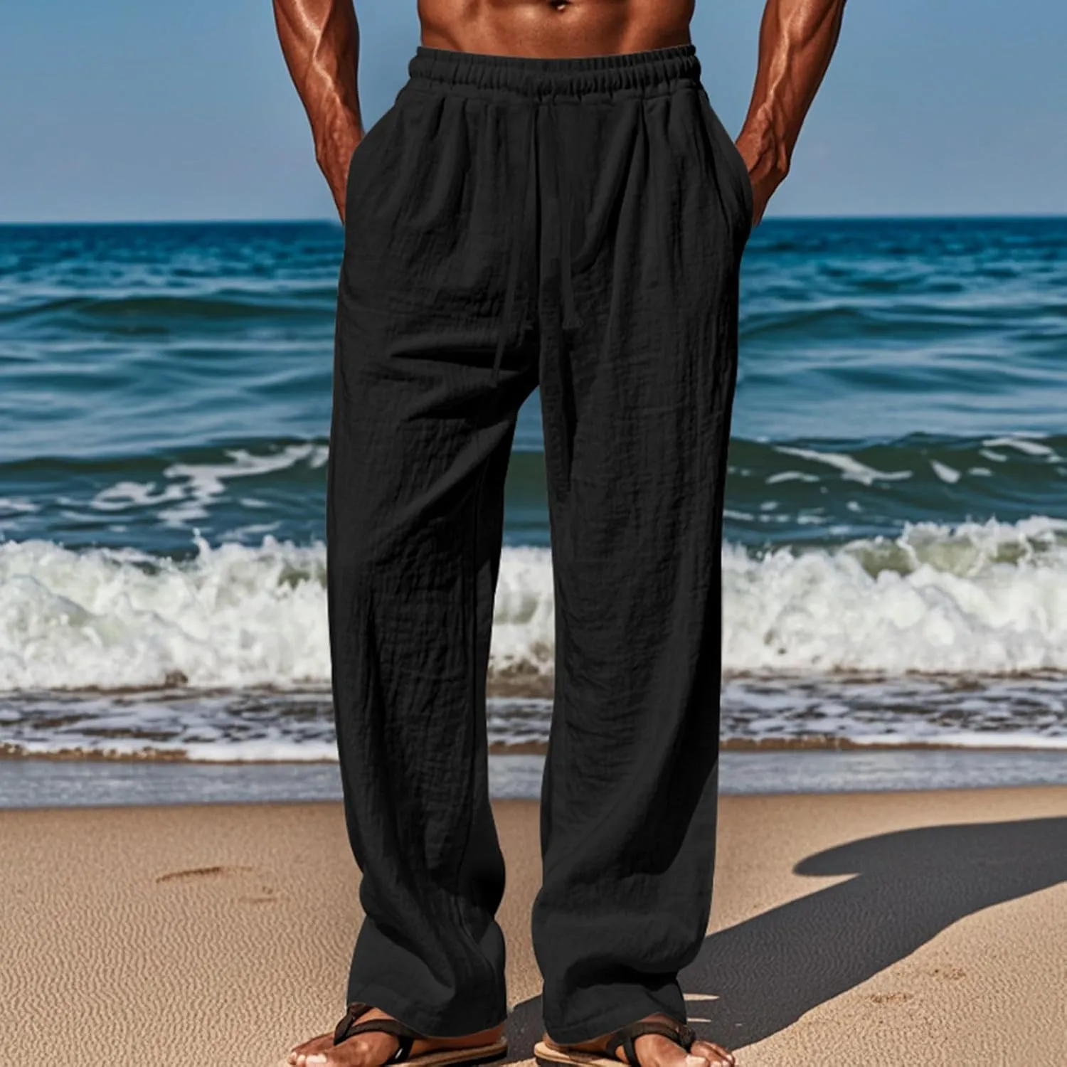 Men's Linen Cotton Casual Pants Loose Straight Leg Elastic Waist Solid Color Trousers