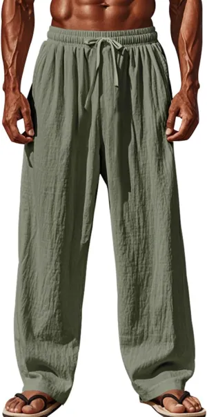 Men's Linen Cotton Casual Pants Loose Straight Leg Elastic Waist Solid Color Trousers
