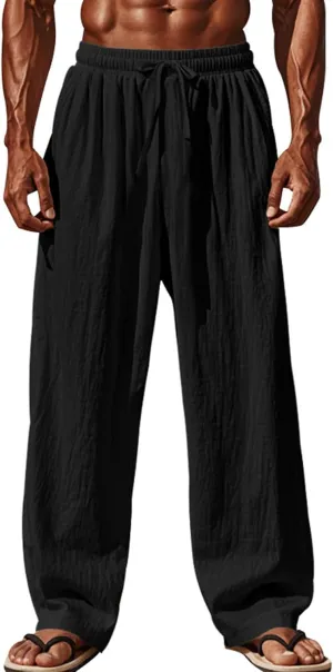 Men's Linen Cotton Casual Pants Loose Straight Leg Elastic Waist Solid Color Trousers