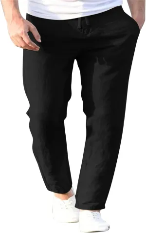 Mens Linen Cotton Casual Trousers 2024 Summer Resort Wear Beach Pants for Men Lightweight Elastic Waist Cruise Slack