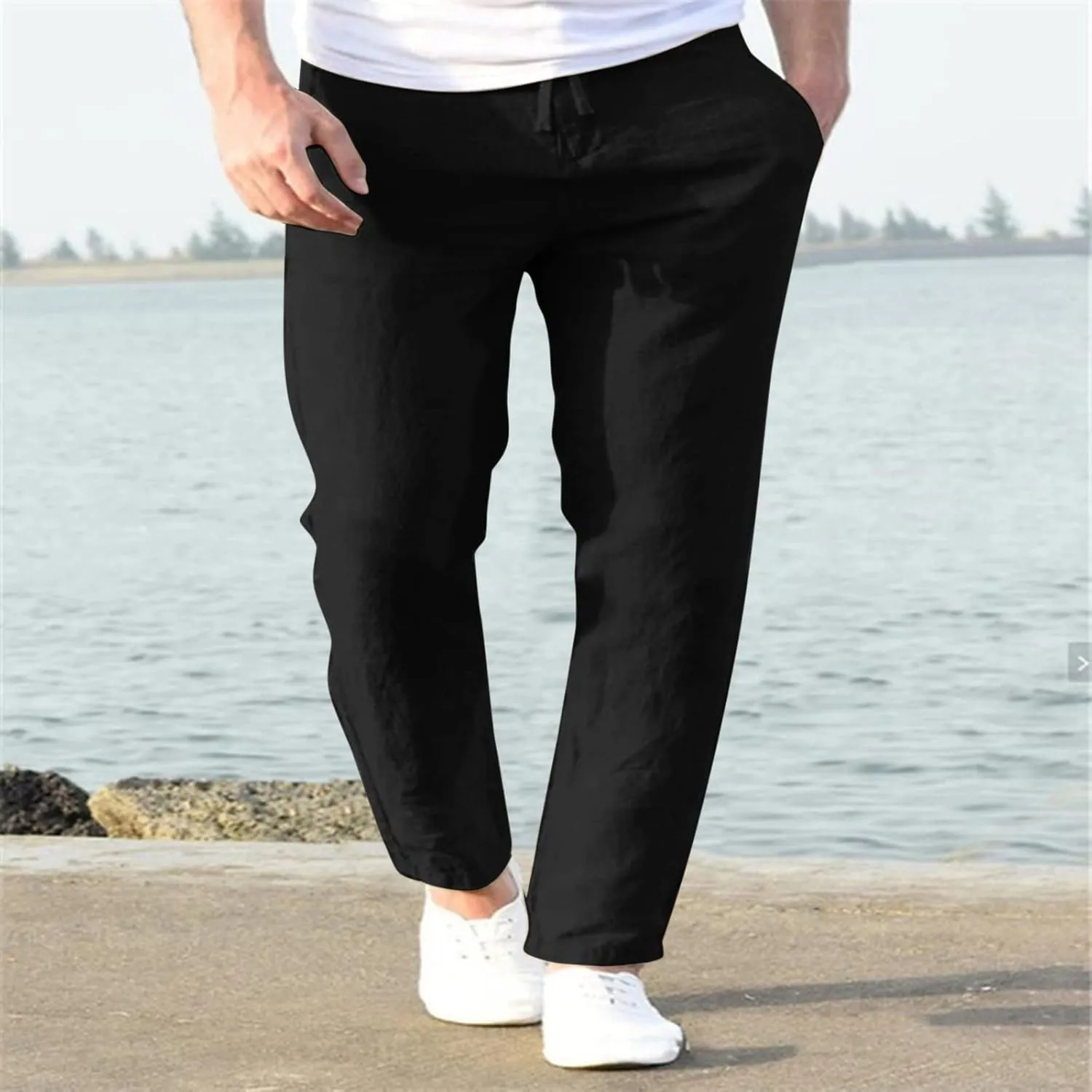 Mens Linen Cotton Casual Trousers 2024 Summer Resort Wear Beach Pants for Men Lightweight Elastic Waist Cruise Slack