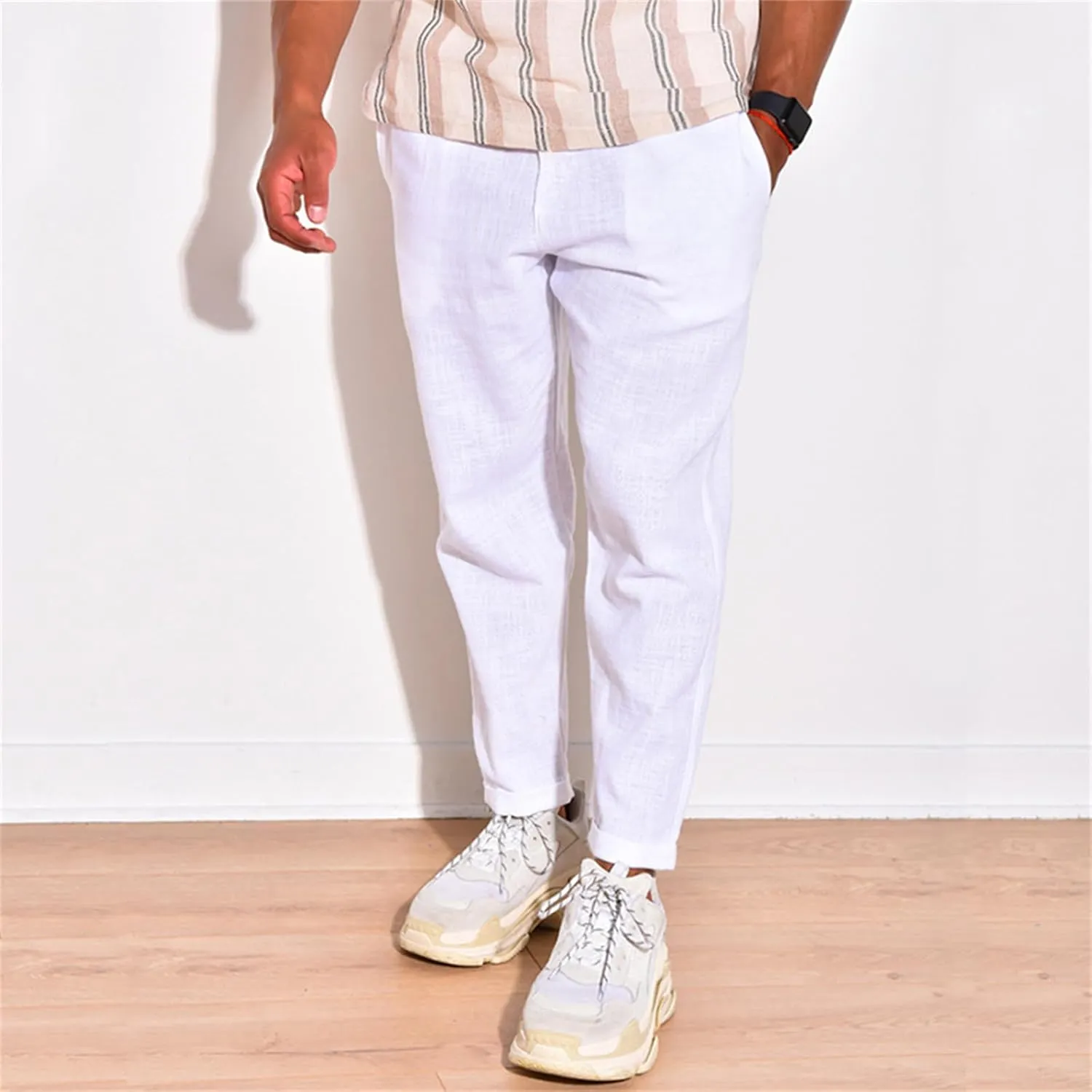 Men's Linen Cotton Pants Casual Beach Trousers Fit Elastic Waist Joggers Drawstring Pants for All Season