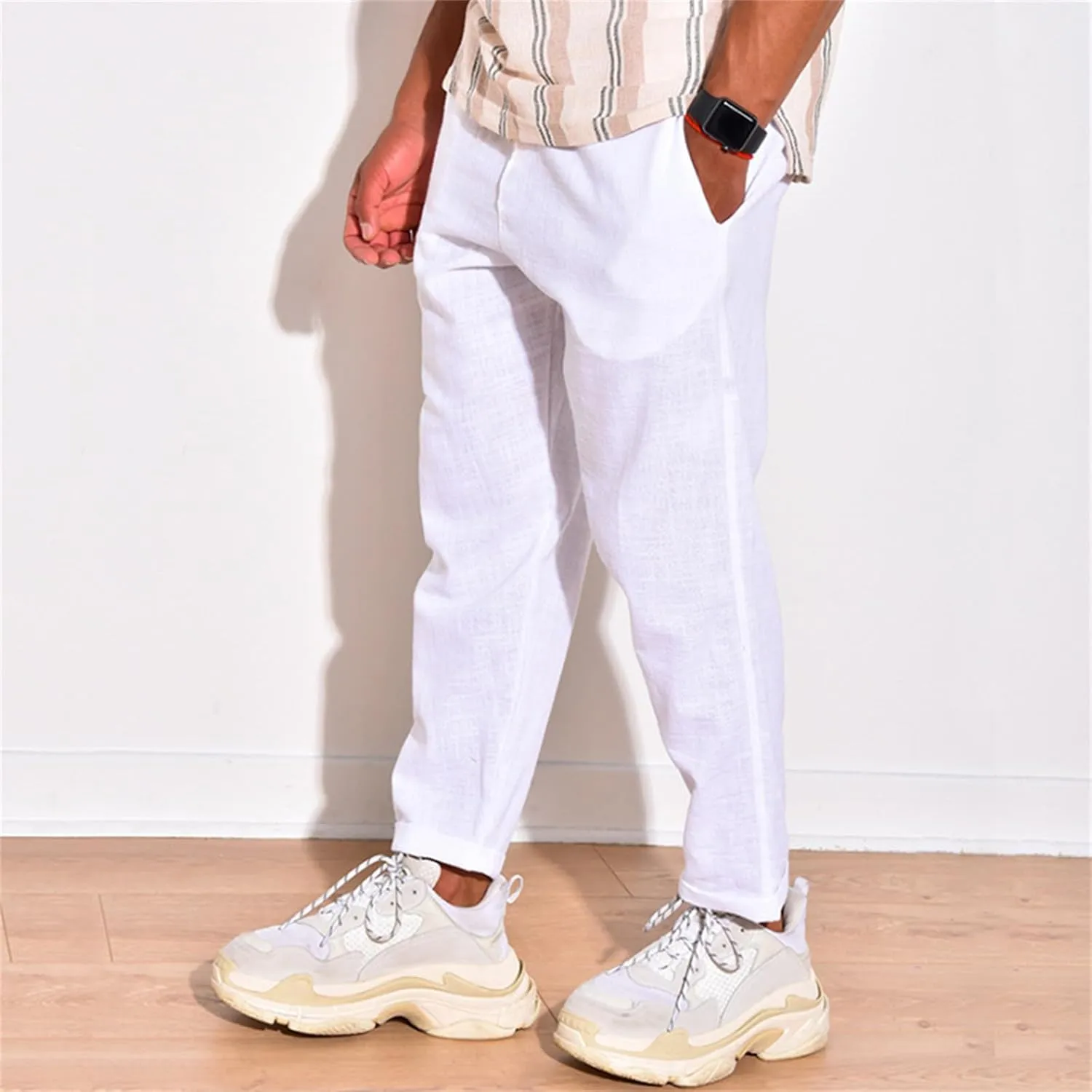 Men's Linen Cotton Pants Casual Beach Trousers Fit Elastic Waist Joggers Drawstring Pants for All Season