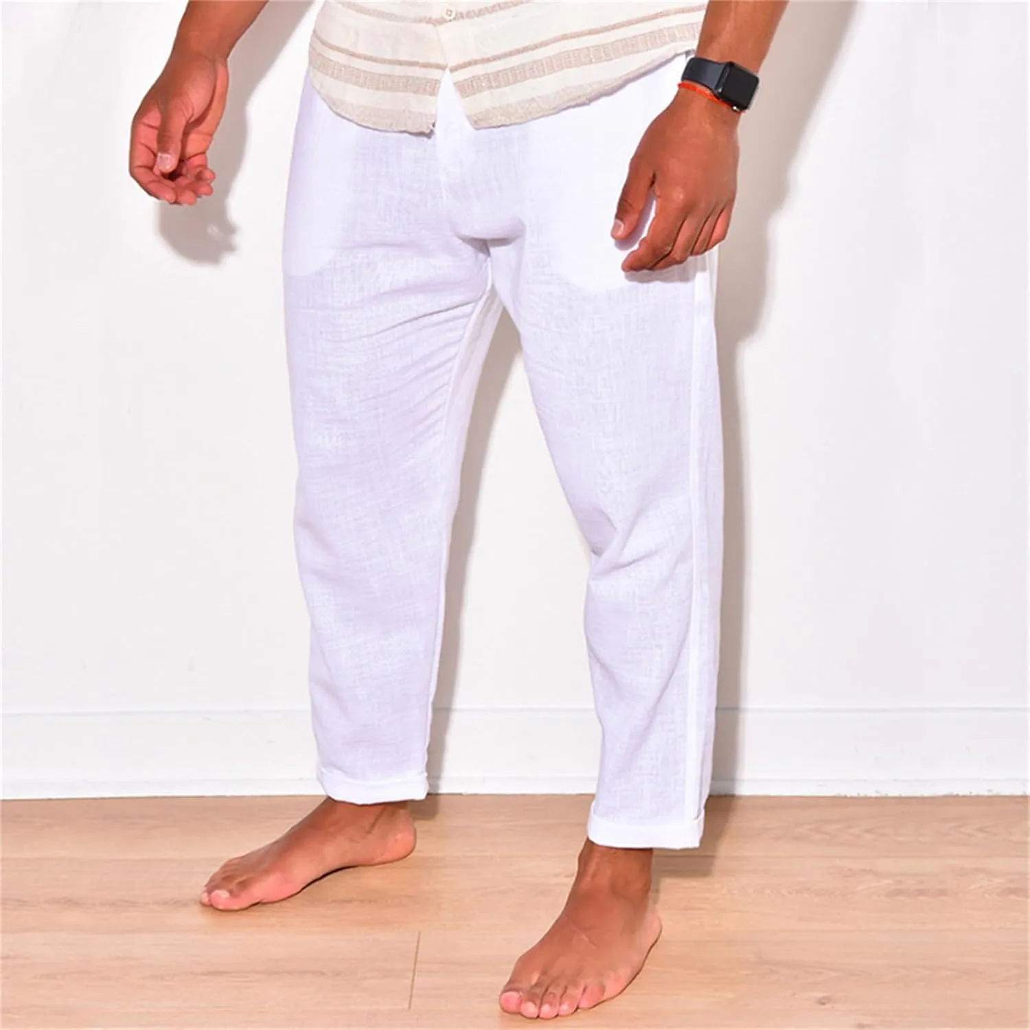 Men's Linen Cotton Pants Casual Beach Trousers Fit Elastic Waist Joggers Drawstring Pants for All Season