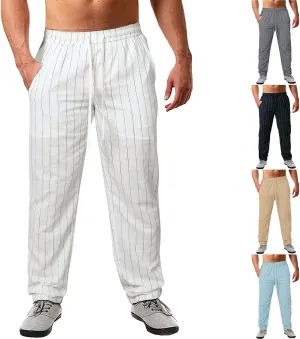 Men's Linen Cotton Pants Lightweight Elastic Waist Striped Solid Colors Casual Wear with Pockets for Beach Yoga