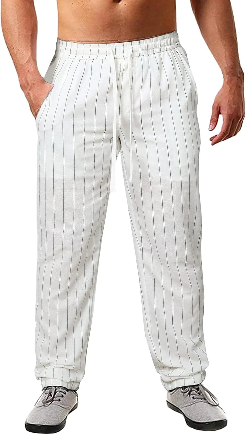 Men's Linen Cotton Pants Lightweight Elastic Waist Striped Solid Colors Casual Wear with Pockets for Beach Yoga