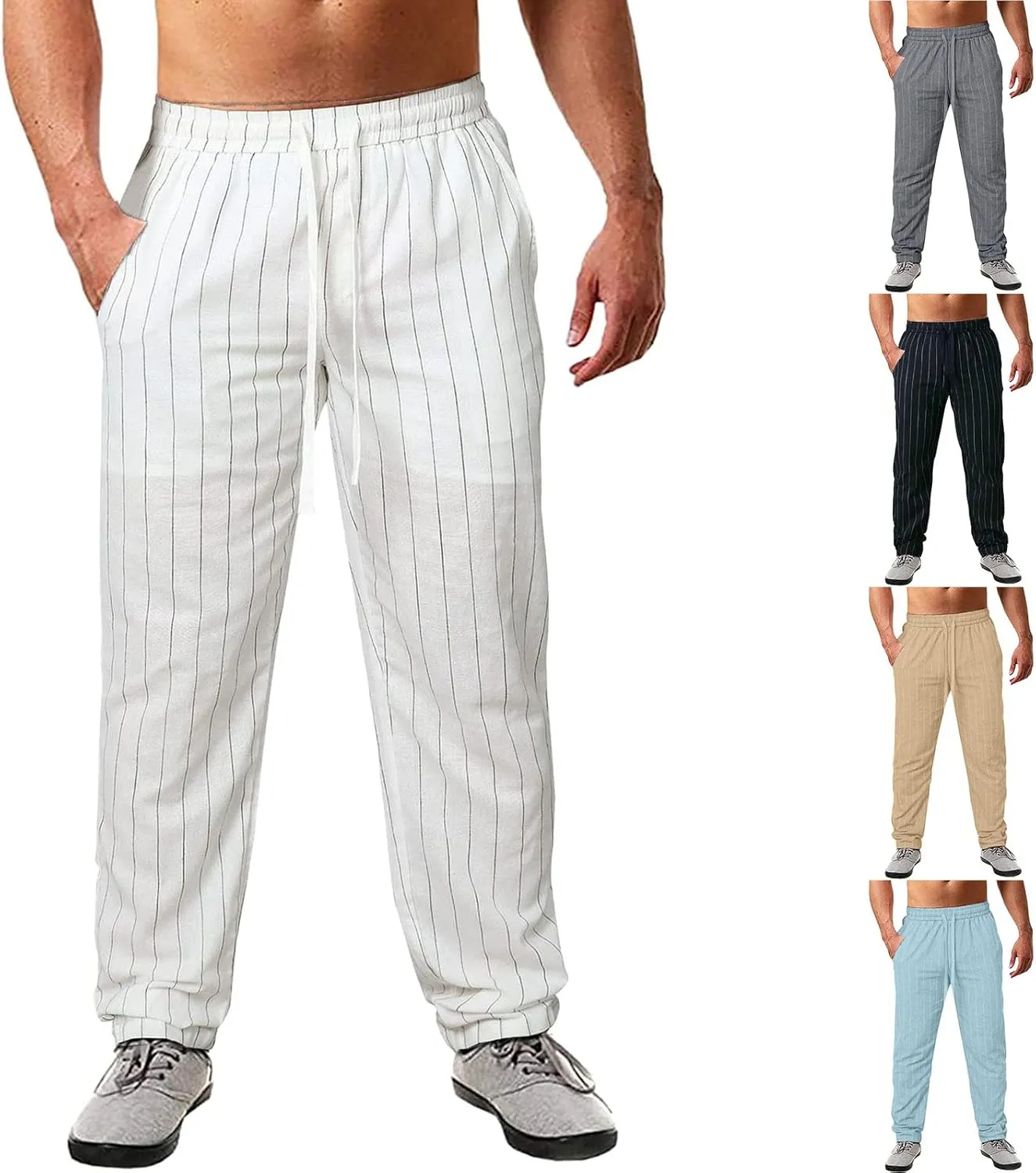 Men's Linen Cotton Pants Lightweight Elastic Waist Striped Solid Colors Casual Wear with Pockets for Beach Yoga