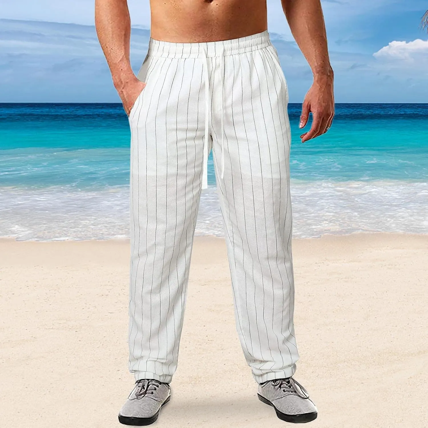 Men's Linen Cotton Pants Lightweight Elastic Waist Striped Solid Colors Casual Wear with Pockets for Beach Yoga