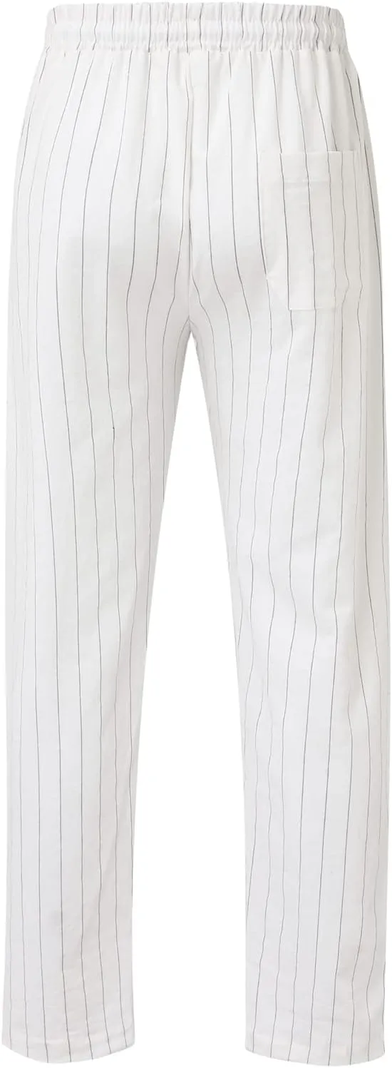 Men's Linen Cotton Pants Lightweight Elastic Waist Striped Solid Colors Casual Wear with Pockets for Beach Yoga