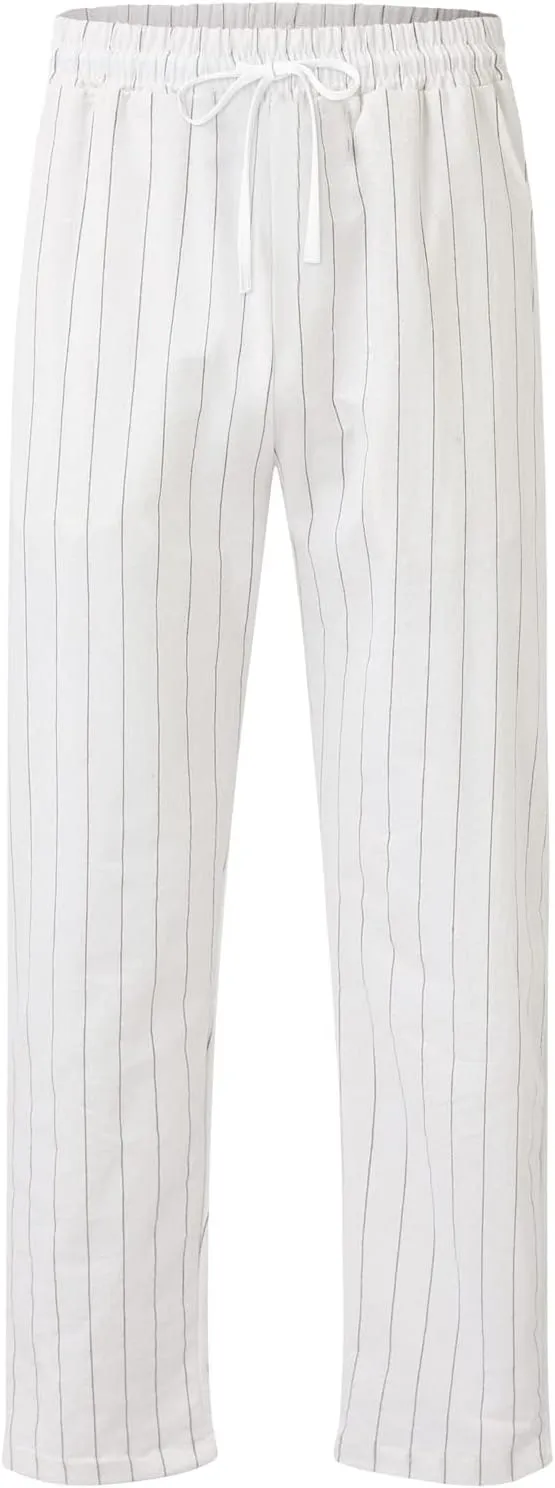 Men's Linen Cotton Pants Lightweight Elastic Waist Striped Solid Colors Casual Wear with Pockets for Beach Yoga