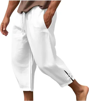 Men's Linen Harem Capri Pants Lightweight Baggy Crop Pants Loose Drawstring Elastic Waist Casual Beach Yoga Trousers
