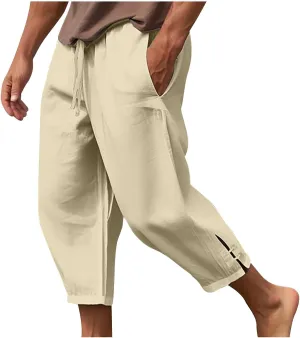 Men's Linen Harem Capri Pants Lightweight Baggy Crop Pants Loose Drawstring Elastic Waist Casual Beach Yoga Trousers