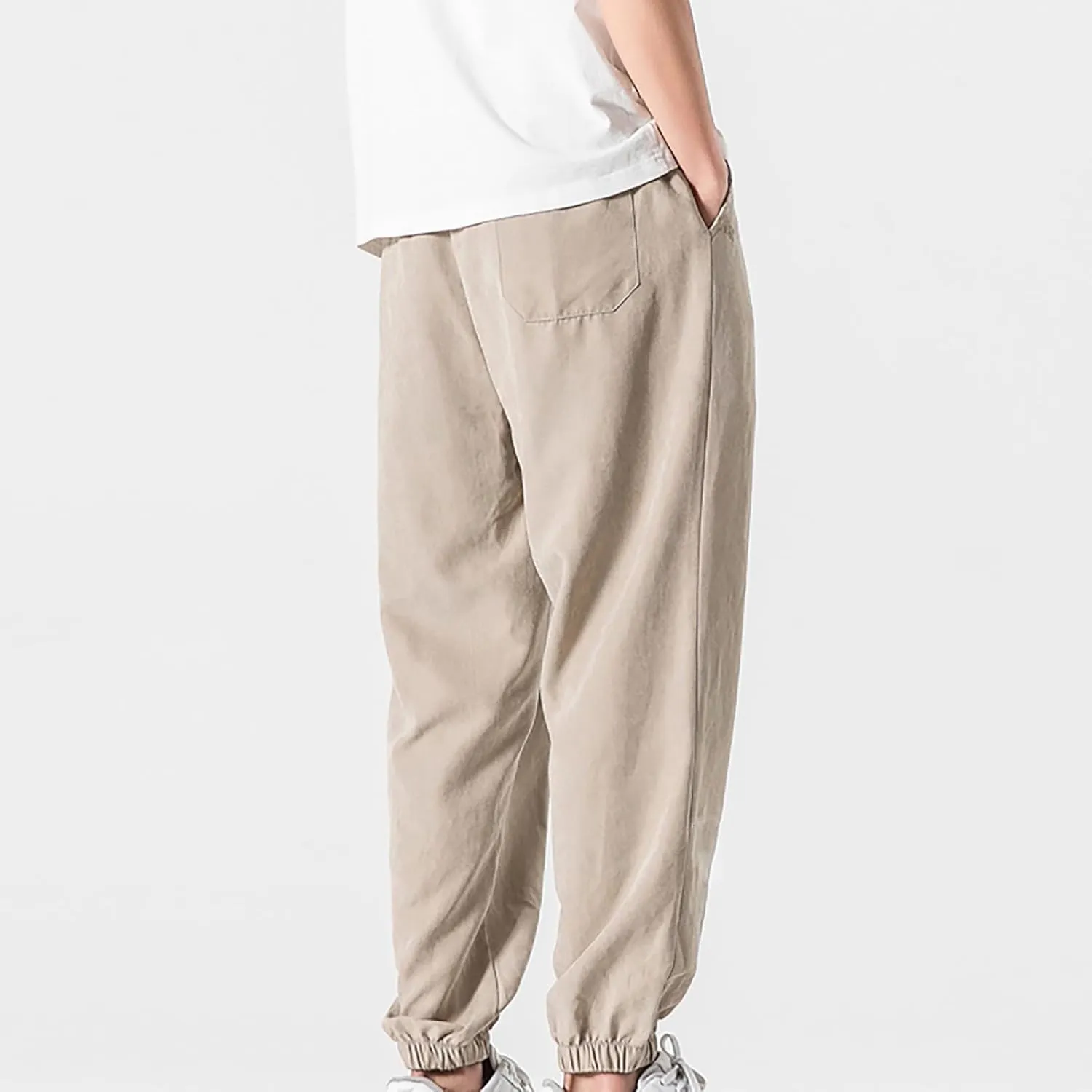 Men's Linen Harem Pants Casual Loose Drawstring Elastic Waist Sweatpant Outdoor Baggy Hiking Jogger Trousers Pockets
