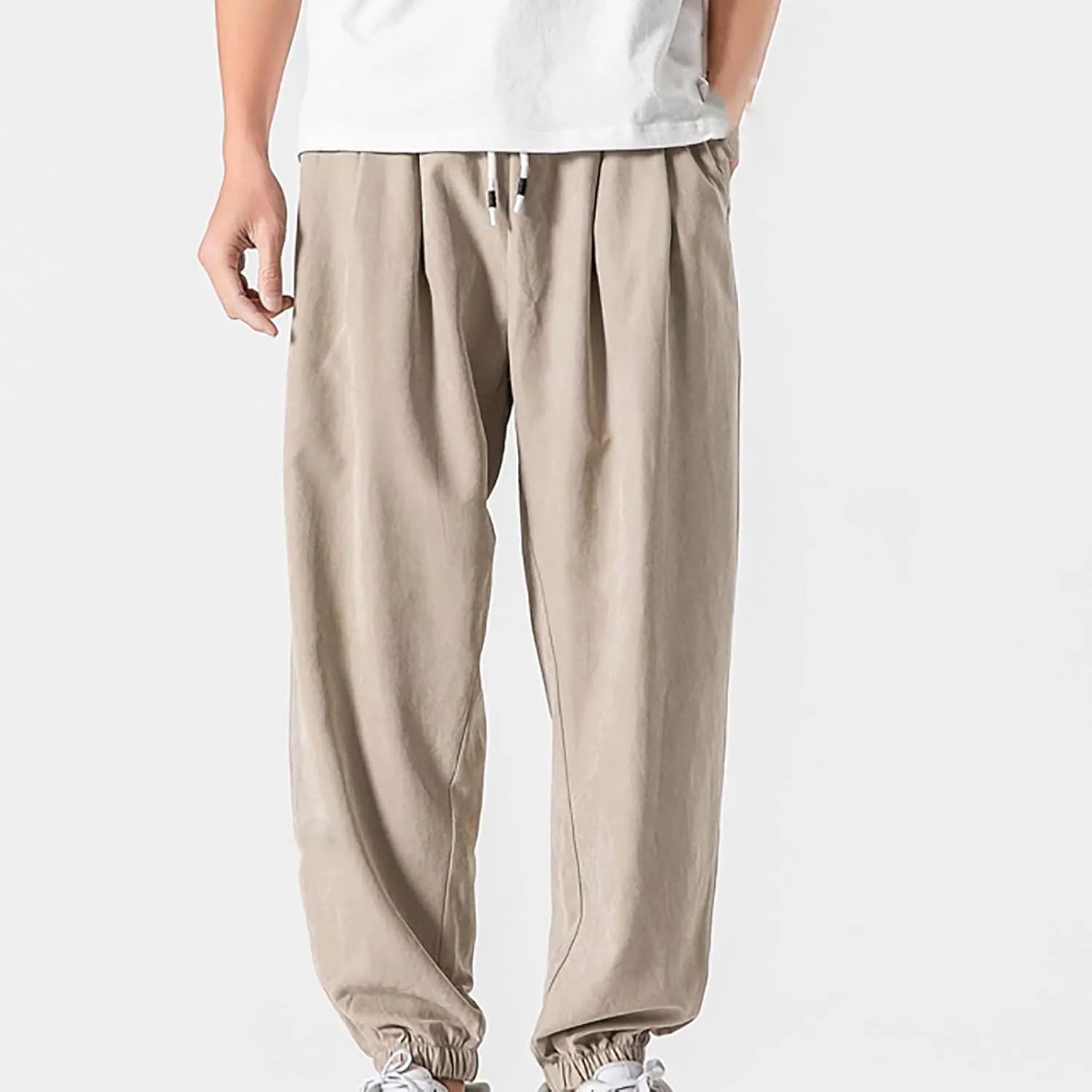 Men's Linen Harem Pants Casual Loose Drawstring Elastic Waist Sweatpant Outdoor Baggy Hiking Jogger Trousers Pockets