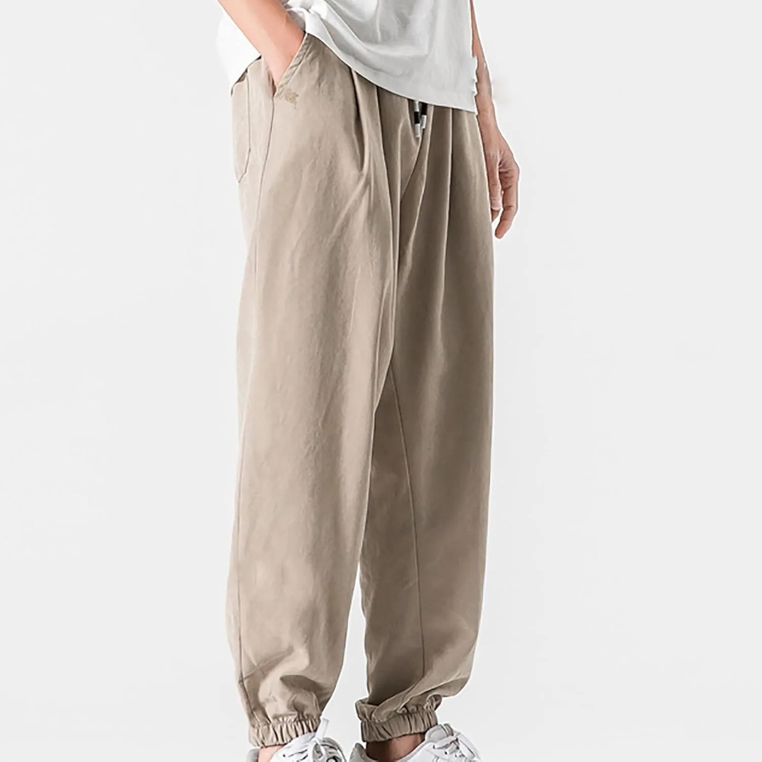 Men's Linen Harem Pants Casual Loose Drawstring Elastic Waist Sweatpant Outdoor Baggy Hiking Jogger Trousers Pockets