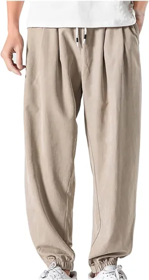 Men's Linen Harem Pants Casual Loose Drawstring Elastic Waist Sweatpant Outdoor Baggy Hiking Jogger Trousers Pockets
