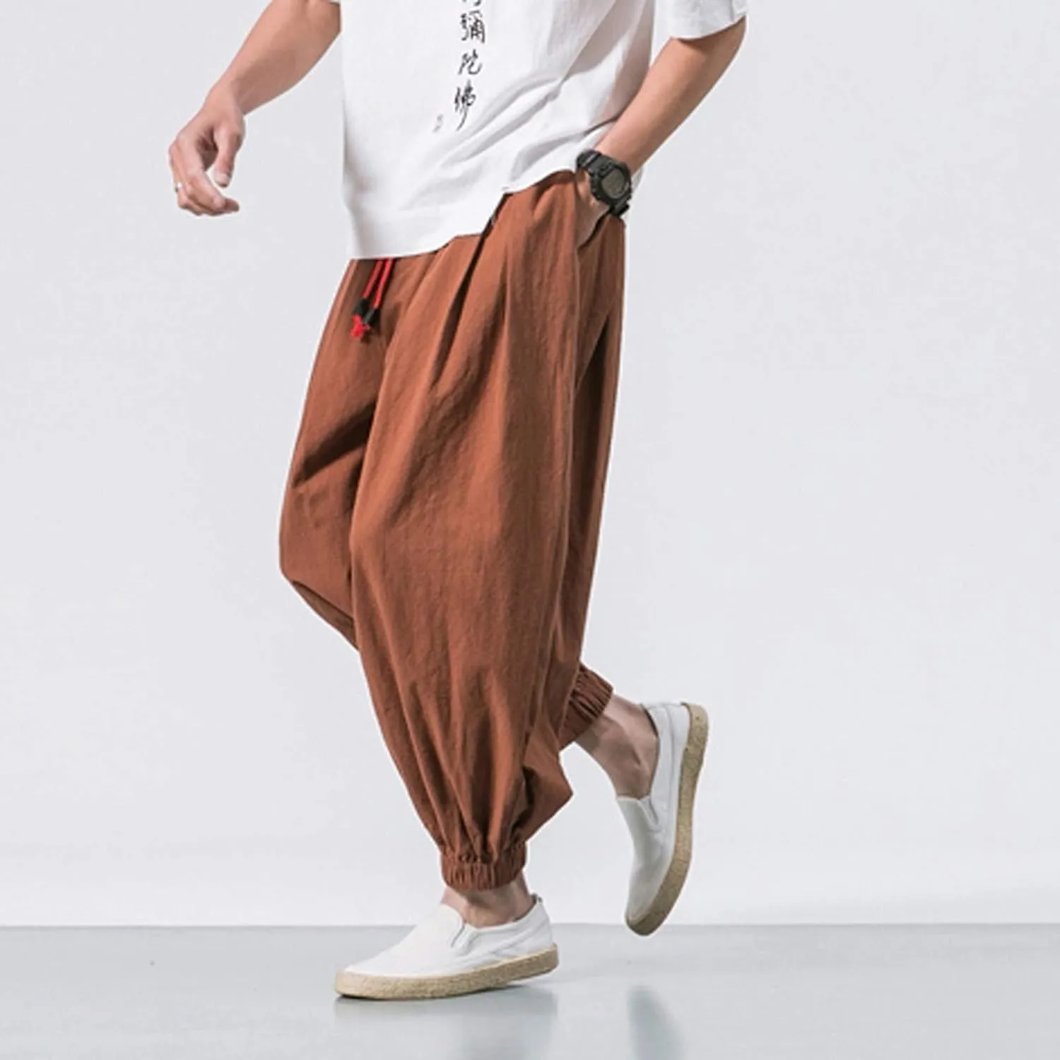 Mens Linen Harem Pants Lightweight Casual Drawstring Elastic Waist Cargo Pant Baggy Vintage Wide Leg Elasticat Pants