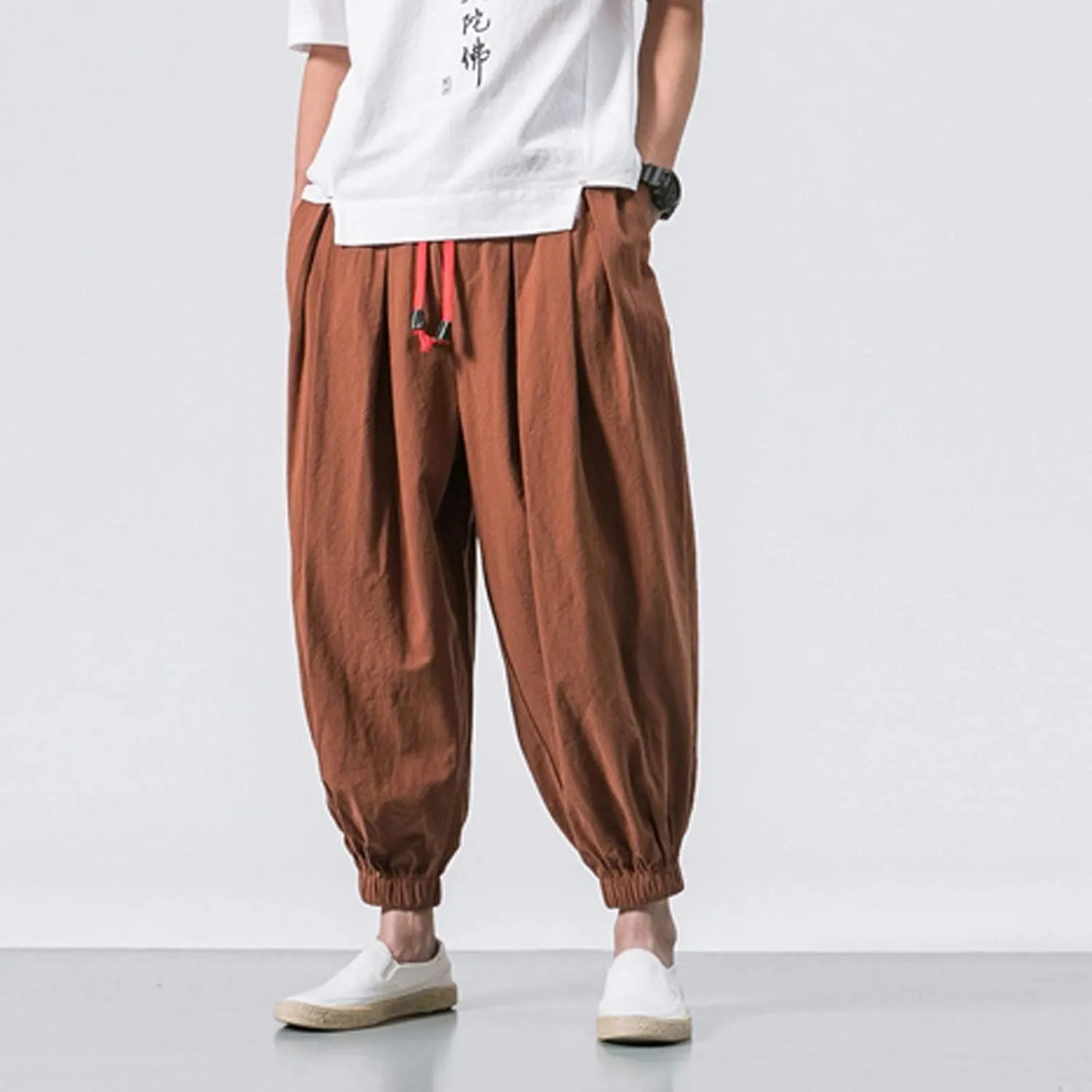 Mens Linen Harem Pants Lightweight Casual Drawstring Elastic Waist Cargo Pant Baggy Vintage Wide Leg Elasticat Pants