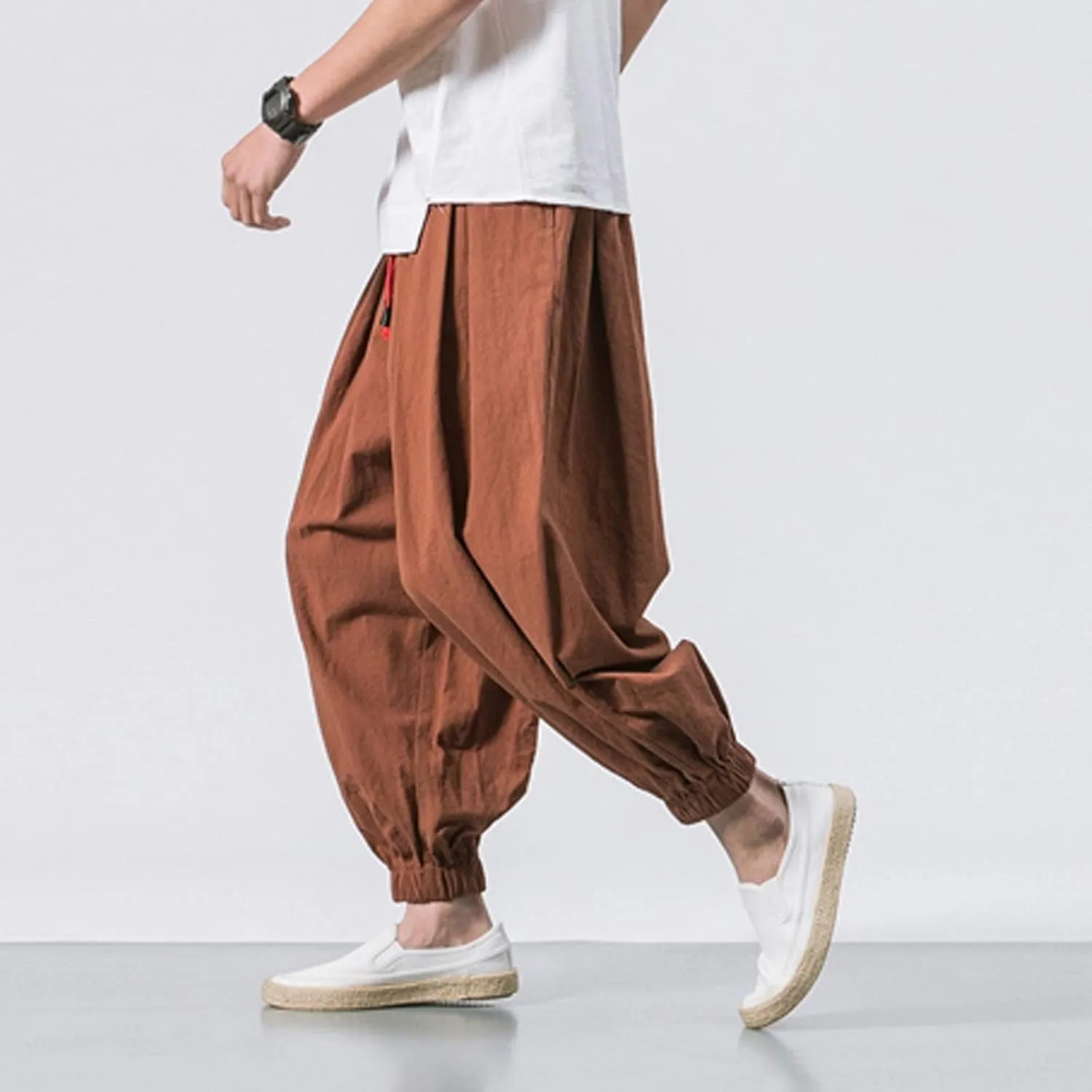 Mens Linen Harem Pants Lightweight Casual Drawstring Elastic Waist Cargo Pant Baggy Vintage Wide Leg Elasticat Pants